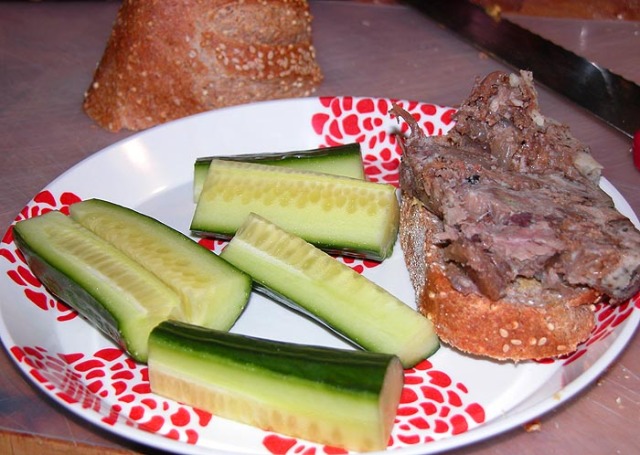 mom's headcheese on crusty bread with cucumbers