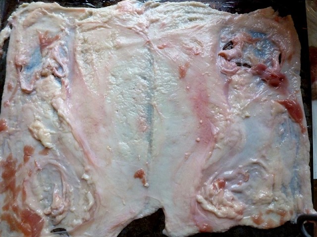 The whole duck skin will be the outer wrapping for the finished roulade. Here it is before freezing & trimming