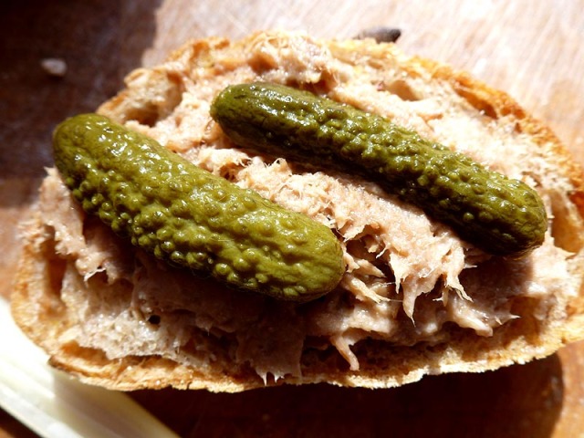 A slice of bread with rillettes and slices of cornichon pickle