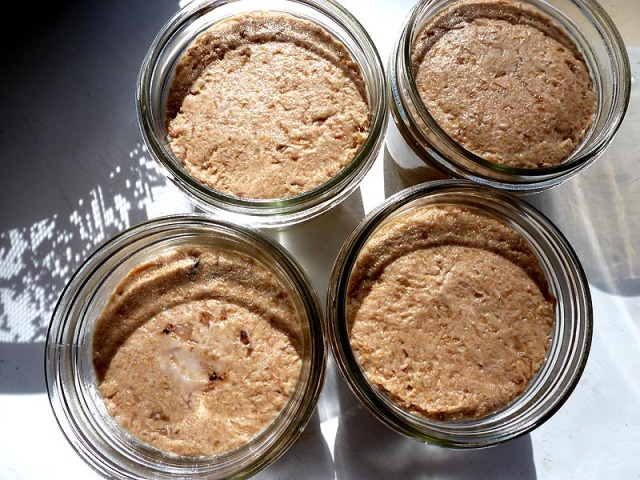 Rillettes packed into 8oz widemouth jars before cooling in the 'fridge and before being sealed under 1/8 inch of warmed lard
